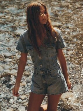 Zara Light Blue Denim Short Overalls - Button Front